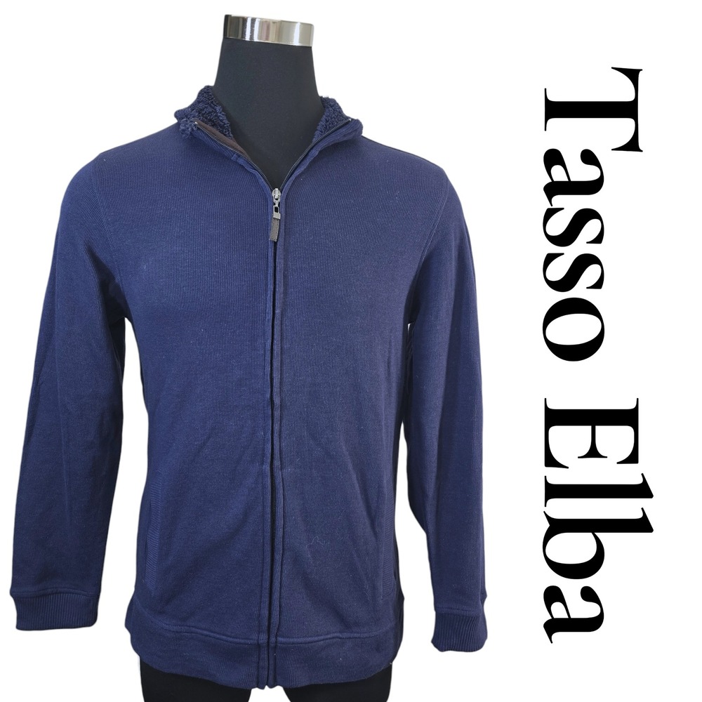 Tasso Elba Navy Blue Textured Zip Up Sweater‎ with Sherpa Collar Men Size L